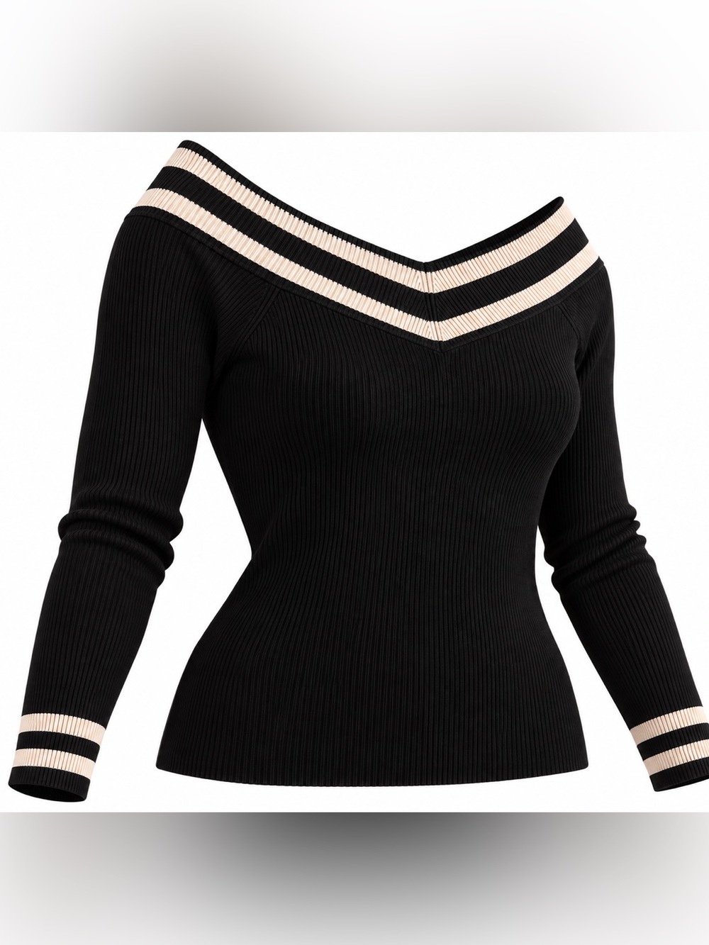 525 America XL Black Ribbed Off Shoulder Sweater Cream Stripe Preppy